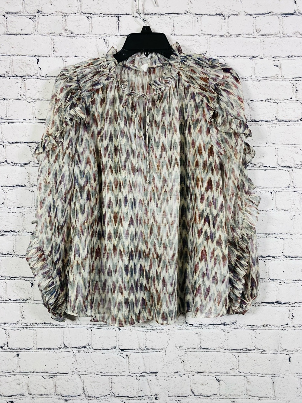 MNG Mango XS Abstract Print Ruffle Blouse Sheer Long‎ Sleeve Mock Neck Top